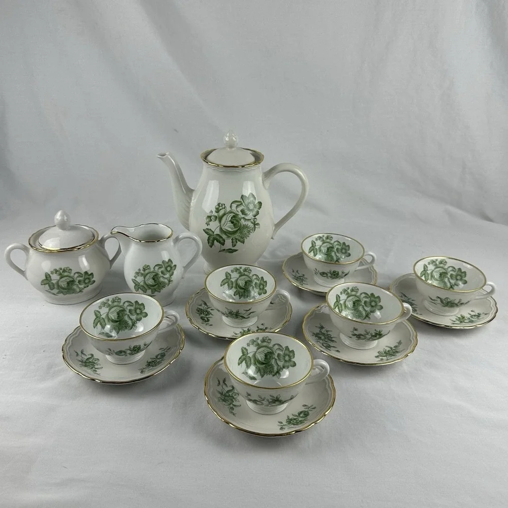 Richard Ginori Demitasse Coffee Tea Set Green Rose 15pc Espresso Service For 6 - Picture 16 of 16